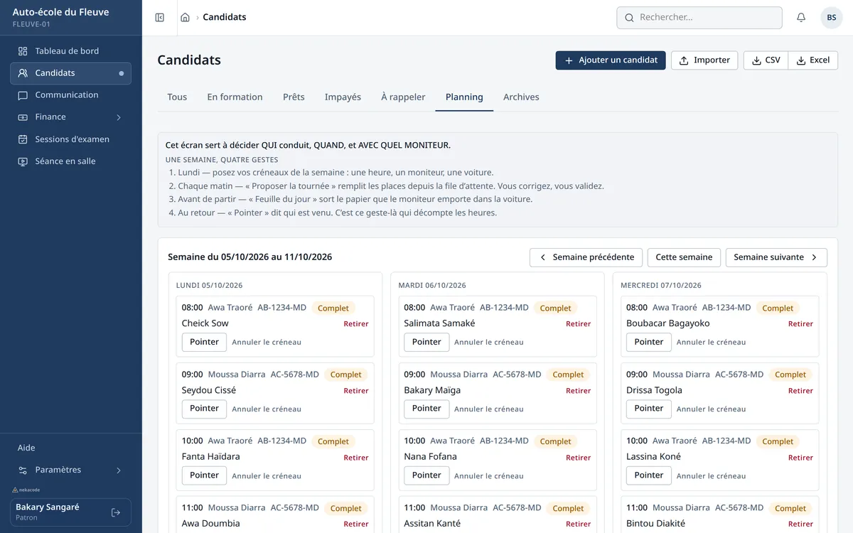 La grille du planning de conduite de la semaine